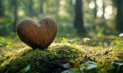 Natural Burial Wooden Heart on Moss in Forest Cemetery, Closeup Symbolizing Eco-Friendly Funeral Practices in Woodland Setting, Daytime Tranquil Memorial with Greenery and Organic