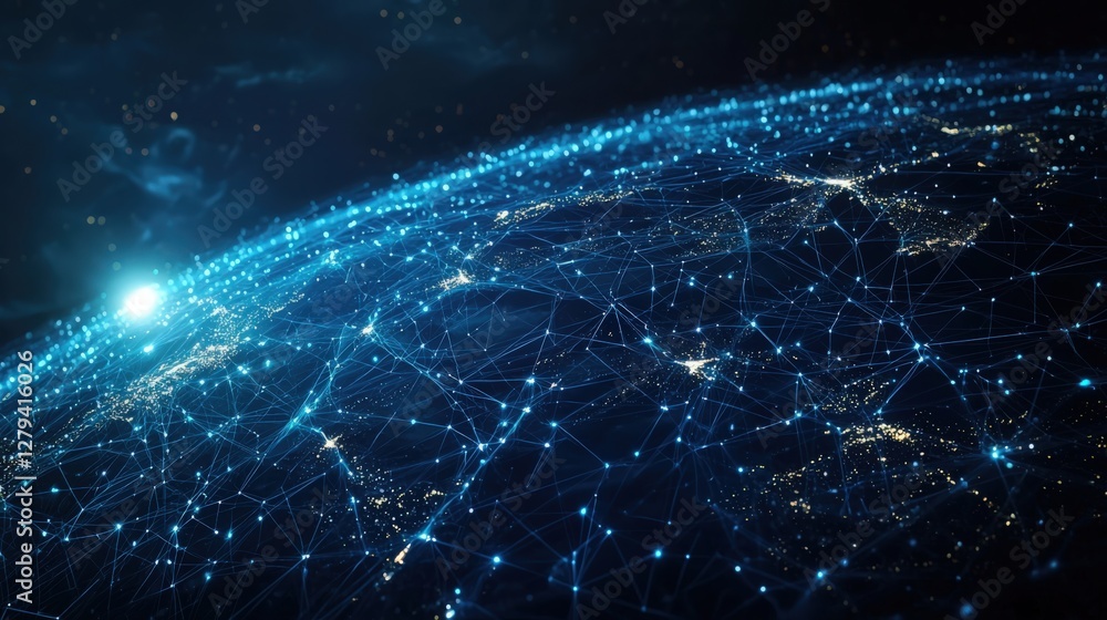 Poster abstract futuristic technology background featuring a glowing blue global network with connection li