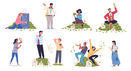 Poor and rich people. Wealthy and poverty concept, cash money save finance income salary difference wage compare millionaire businessman or beggar worker classy vector illustration