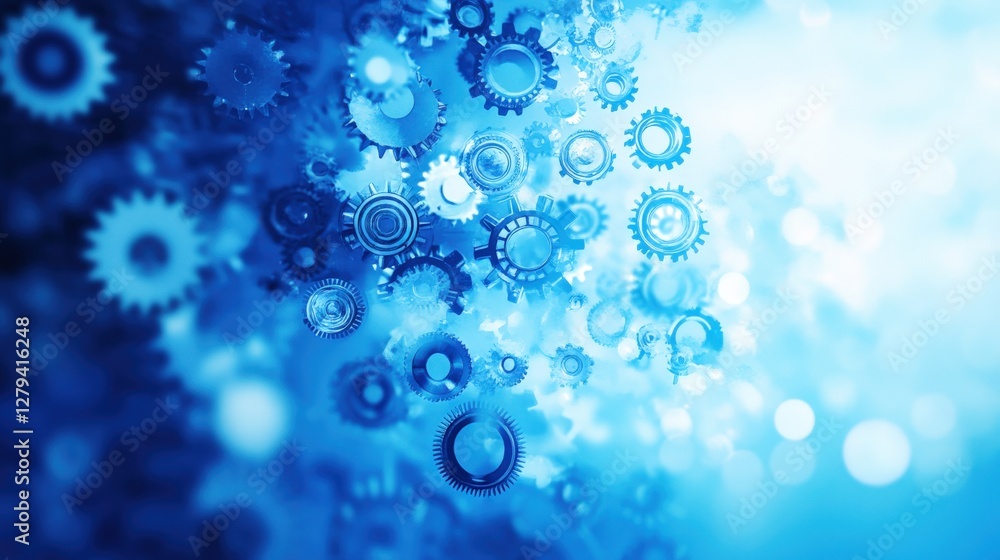 Poster abstract composition of blue gears and cogs creating a dynamic technological background