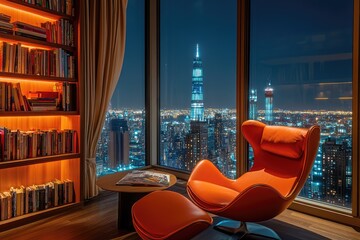 Cozy living room with chair, table, and city view. AI generated illustration.