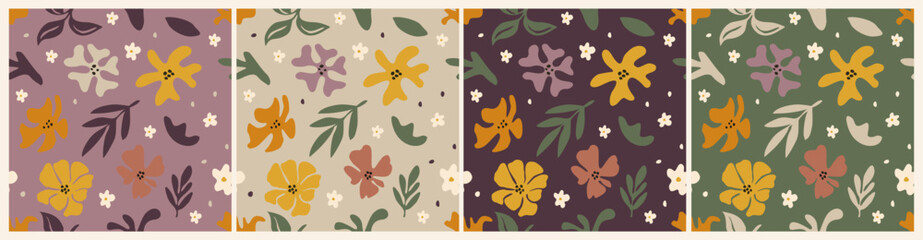 Trendy floral seamless pattern. Vintage 70s style flower background vector illustration. Colorful groovy print for fabric, wrapping paper, stationery, mid century modern nature surface design