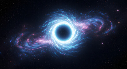 A wormhole opening in space, twisting reality with swirling blue and purple energy
