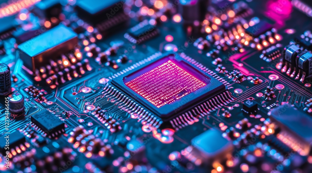 Poster a technological background with a microchip. futuristic background in neon colors