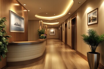 Cozy office corridor with reception table. AI generated illustration.