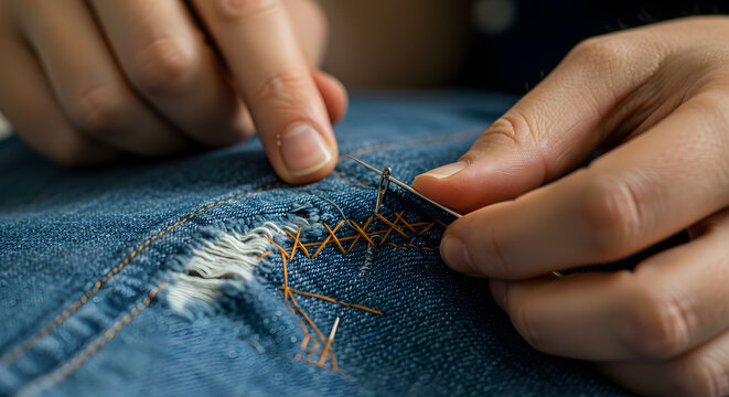 Close up of hands mending torn jeans with needle and thread, showcasing visible stitches and highlighting the craft of clothing repair.