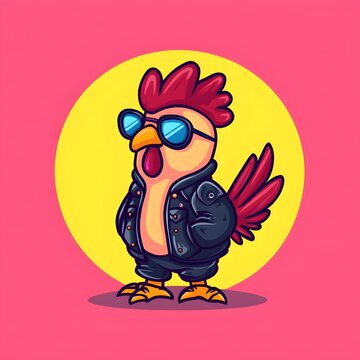 Cool Rooster Wearing Leather Jacket and Sunglasses, Cartoon Character with Bold Linework and Simple Colors