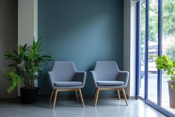 Fototapeta premium Cozy waiting room with two chairs, modern minimalist. AI generated illustration.