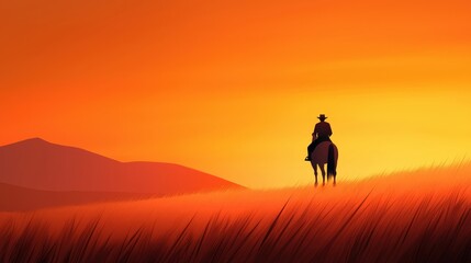 A silhouetted rider on horseback stands against a vibrant sunset, creating a serene and dramatic landscape.