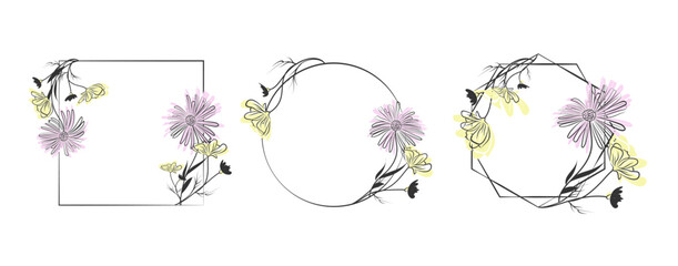 Delicate Floral Frames set with Purple and Yellow Flowers. Modern Geometric Shapes for Wedding Invitations, Branding, Logos, Greeting Cards, and Elegant Designs