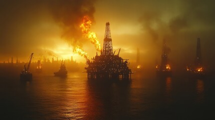Obraz premium Dramatic offshore oil rig fire at sunset, environmental disaster, fiery explosion, industrial accident, pollution, global warming, climate change.