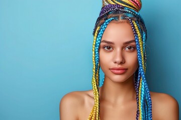A young biracial woman with colorful braided hair poses against a blue background, showcasing a confident and vibrant expression. posing confidently, bold and expressive, modern portrait