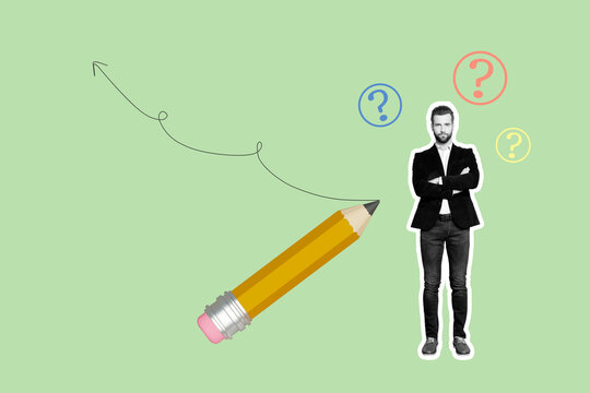 Trend composite sketch template 3D photo collage of young man stand pencil question student hiring vacancy entrepreneur hr workspace - Powered by Adobe