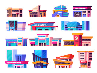 Cartoon mall buildings. Shopping centers, supermarket building outside exterior big hypermarket store retail shop super market modern build outlet set swanky vector illustration