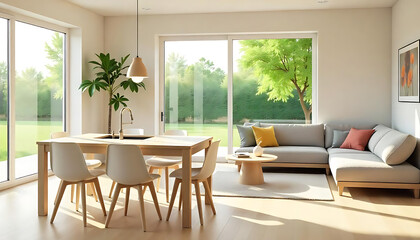 Obraz premium Contemporary Comfort in Open-Plan Design, A Kitchen Island Bathed in Light, Where Style Meets Function: Modern Kitchen, Sleek Simplicity in a Sunlit Space