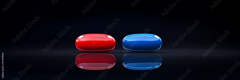 Poster glossy red and blue pills reflecting on a dark surface symbolize the struggle of making choices, hig