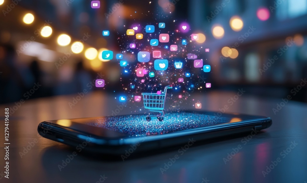 Poster smartphone with virtual shopping cart and social media icons floating above screen, representing onl