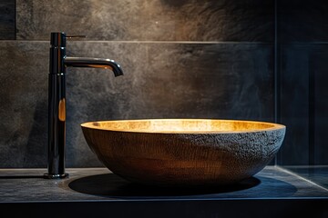 Dark bathroom interior, modern minimalist. AI generated illustration.