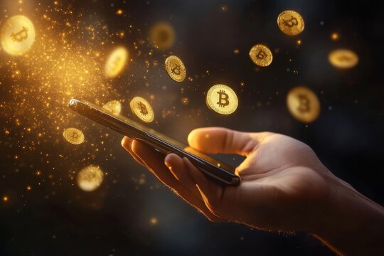 A man holding a phone with yellow coins flying out of it, surrounded by a golden light around the Bitcoin and dollar signs emanating from the mobile screen