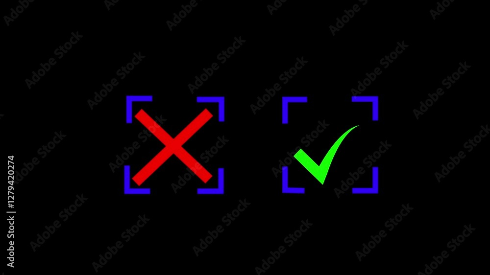 Poster animation of checks box red cross mark wrong and green check mark right on black background. tick an