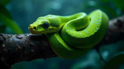 Fototapeta premium A vibrant green tree python coiled around a branch in a lush jungle. Its piercing eyes and intricate scales highlight its stealth and beauty in the dense rainforest.