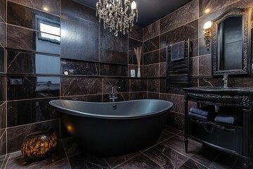 Dark bathroom interior, modern minimalist. AI generated illustration.