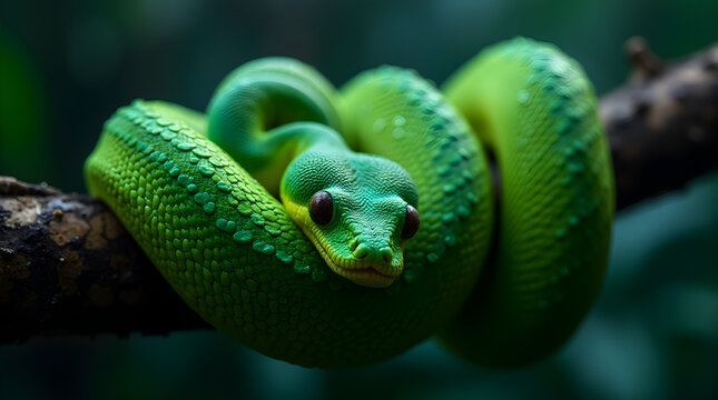 A vibrant green tree python coiled around a branch in a lush jungle. Its piercing eyes and intricate scales highlight its stealth and beauty in the dense rainforest.