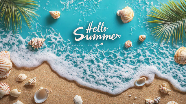 Elegant inviting banner with "Hello Summer" theme featuring serene beach, gentle waves, palm trees, seashells. Sophisticated script font in coral, seafoam green, white exudes calmness and relaxation