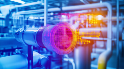 Close-up view of a production facility captured through a thermal camera, highlighting heat signatures around essential machinery and cooling systems. The color spectrum reveals te