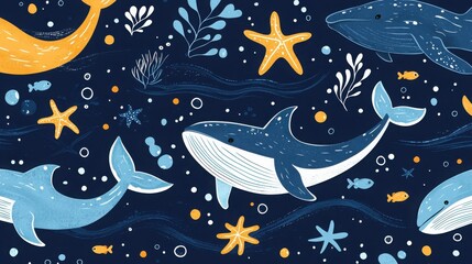 Obraz premium Whimsical underwater scene with whales, starfish, and ocean plants. A playful illustration in blues and oranges.