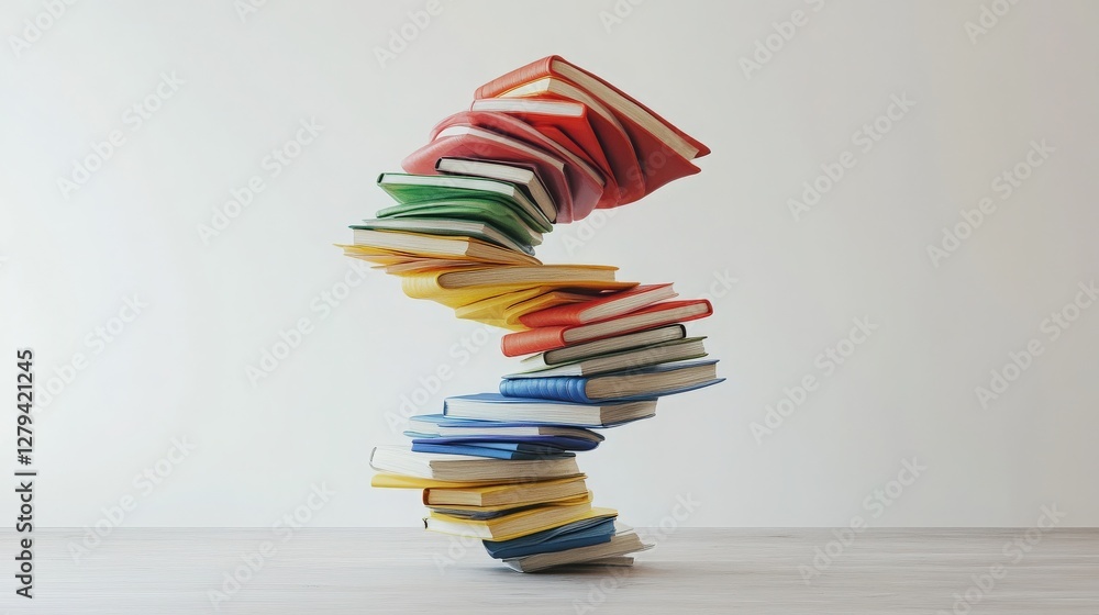 Poster a 3d composition featuring a stack of colorful books, artfully arranged to form a spiral shape, floa