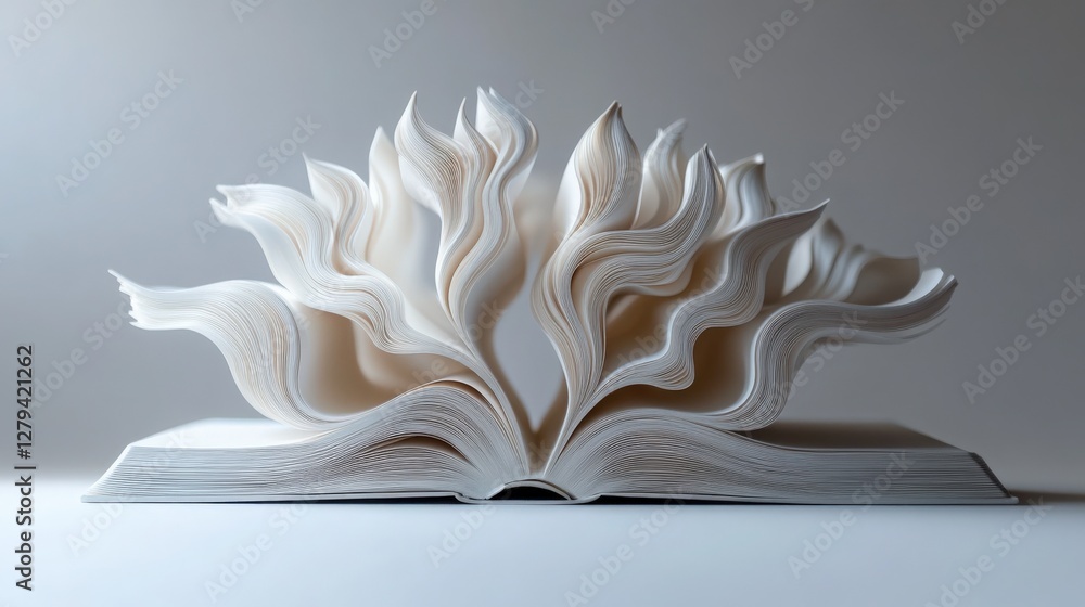 Poster 3d composition of a single standing book with pages forming intricate outward patterns on a smooth, 