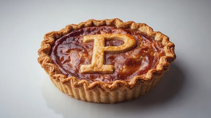Pi Day 'P' Pie A buttery pie, adorned with pastry lattice and the letter 'P,' sits against a bright, clean backdrop, perfect for Pi Day festivities.