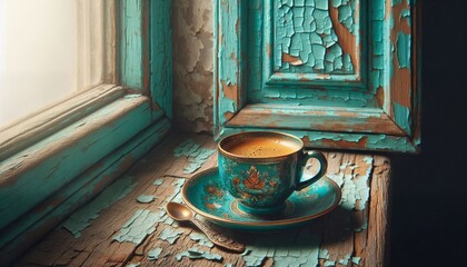 "A vintage turquoise coffee cup with an ornate design sits on a matching saucer, surrounded by coffee beans on a rustic wooden table near a window with chipped paint