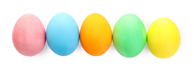 Bright painted Easter eggs isolated on white, top view