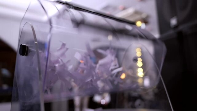 Close-up of the rotation of a transparent lottery reel with lottery tickets