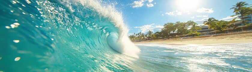 Fototapeta premium Crystal Clear Ocean Wave Crashing on Tropical Beach Under Bright Blue Skies and Sunshine