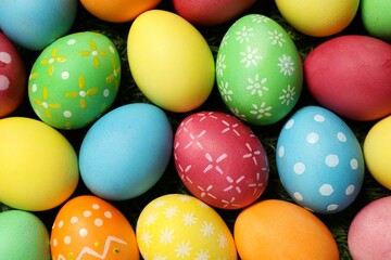 Beautiful decorated Easter eggs on green grass, flat lay