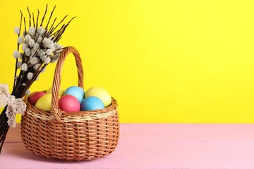 Beautiful decorated Easter eggs in wicker basket and willow branches on pink wooden table against...