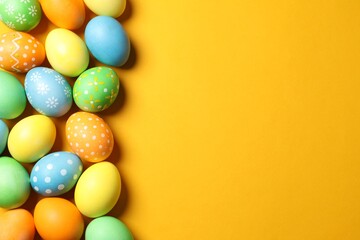 Beautiful decorated Easter eggs on orange background, flat lay. Space for text