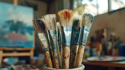 Paintbrushes standing in a pot in an art studio showing artistic mess