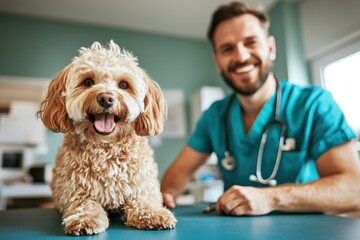 Happy veterinarian takes care of a cheerful dog in clinic office during midday consultation