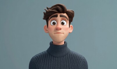 3D Cartoon Young Adult Man in Dark Sweater with Questioning Expression Conceptual Portrait on Light Background