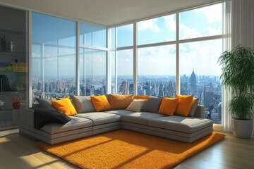 Designer living room with window, city view, couch, and decor. AI generated illustration.