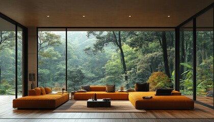 Fototapeta premium Modern living room with orange couch, overlooking lush forest through expansive windows. Perfect for showcasing tranquility, nature, and modern interior design.