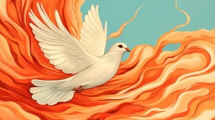 Fototapeta premium White Dove Soaring Through Abstract Orange Flames Digital Painting
