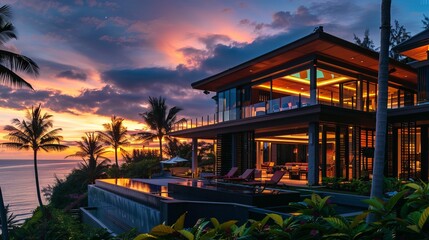 Obraz premium A stunning modern villa illuminated by sunset hues, surrounded by palm trees and an infinity pool reflecting the vibrant sky.