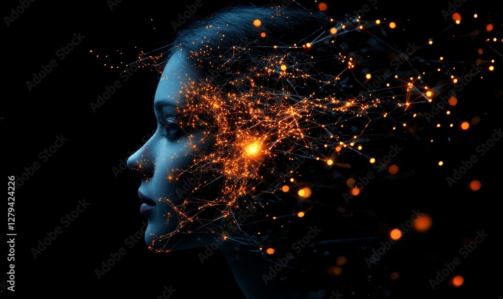 Poster side profile of human man face illuminated by neon network nodes and pathways, artificial intelligen