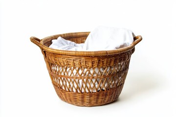 Fototapeta premium Laundry basket clean clothes cleaning chores housework, clean clothes and Wicker basket with clean laundry isolated on white background 