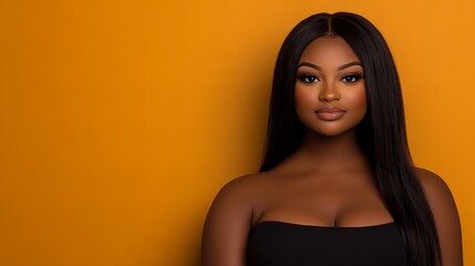 Portrait of a young Black woman with long, straight hair against a vibrant orange backdrop. Her makeup is flawless, enhancing her natural beauty.